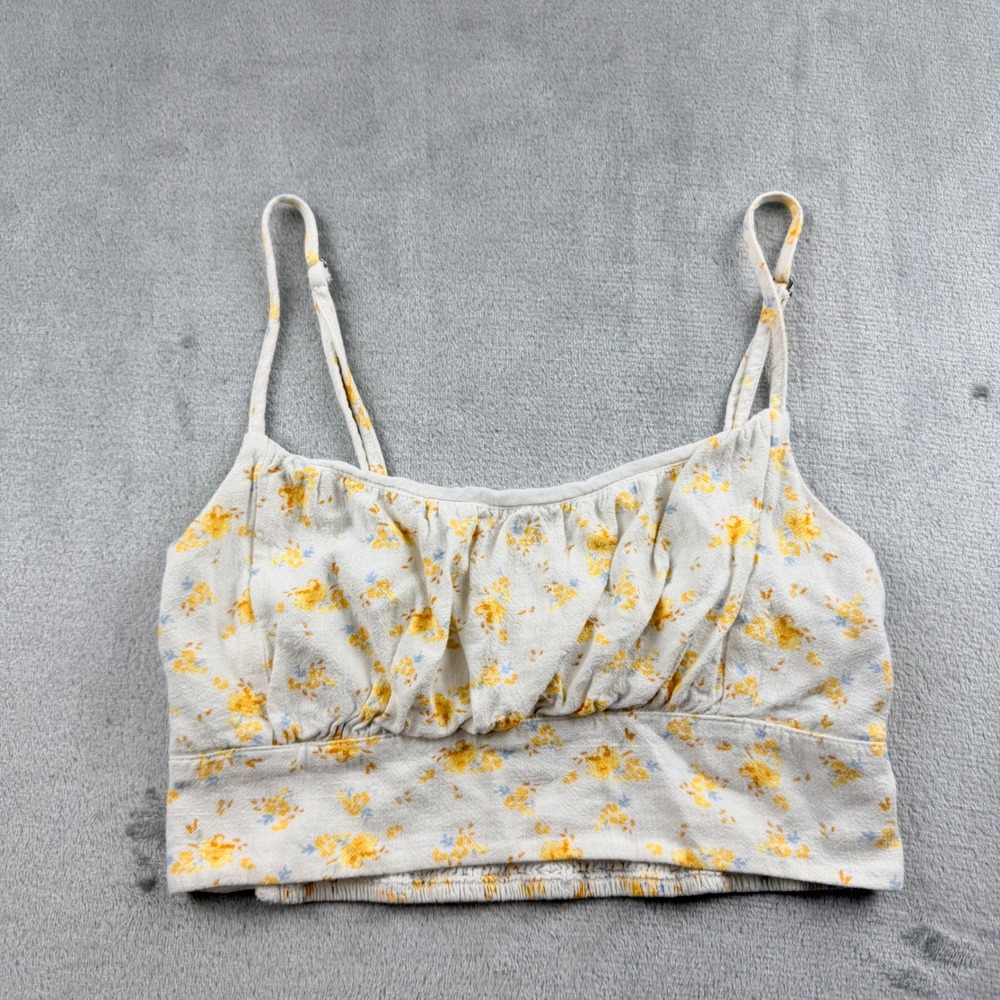 Aeropostale Floral Smocked Crop Top Camisole Women's M White Yellow Rayon‎ Linen